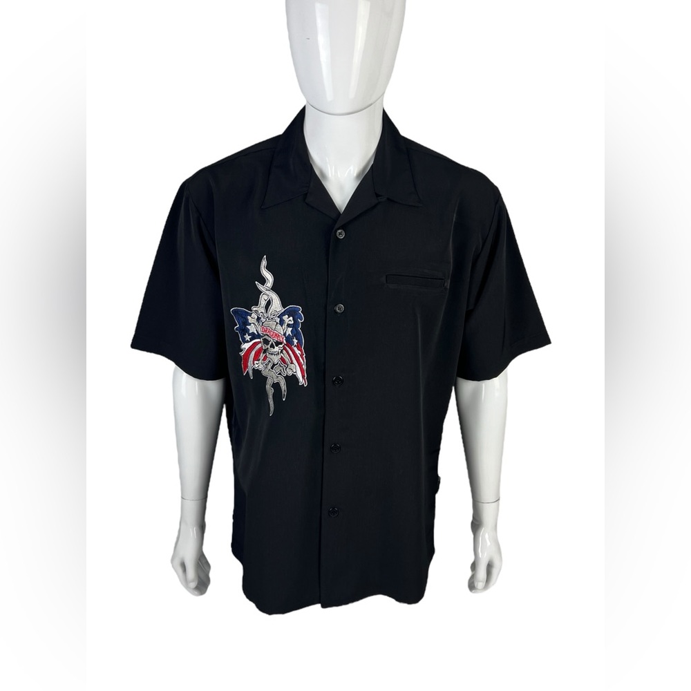 Dragonfly Mens Large Shirt Button Front Black Embroidered Skull Flag Vintage - Picture 2 of 14